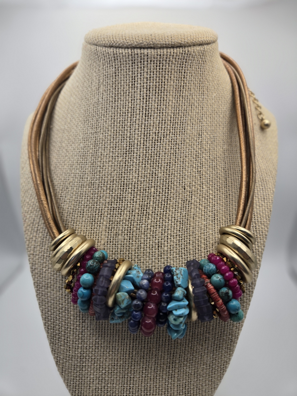 Chico's Multi-Strand Turquoise Purple Fuchsia Blue Beaded Necklace Gold Accents